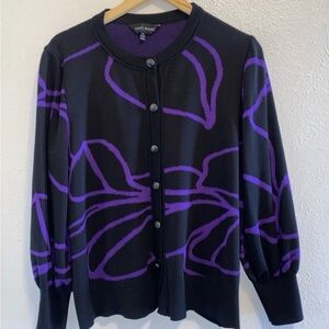 Ming Wang Black Cardigan with Purple Abstract Floral Pattern